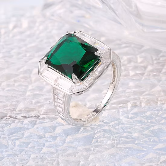Moda colorido rosa verde púrpura Baguette mujeres CZ joyería de lujo chapado en oro 925 Plata pavé Cubic Zirconia anillo de circón